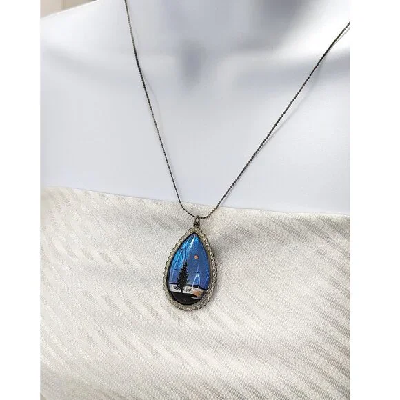 Vintage Morpho Butterfly Wing Pendant Necklace Painted Forest Palm Tree Blue - Picture 5 of 11